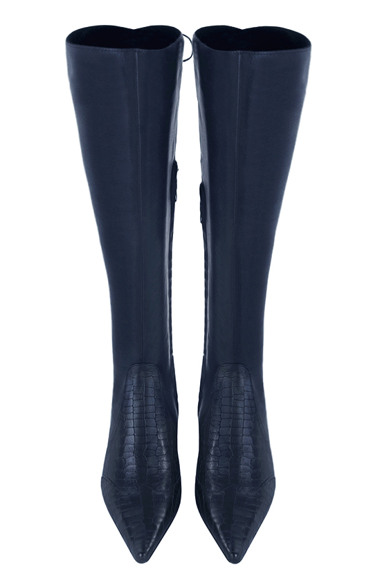 Navy blue women's knee-high boots, with laces at the back. Pointed toe. Low flare heels. Made to measure. Top view - Florence KOOIJMAN